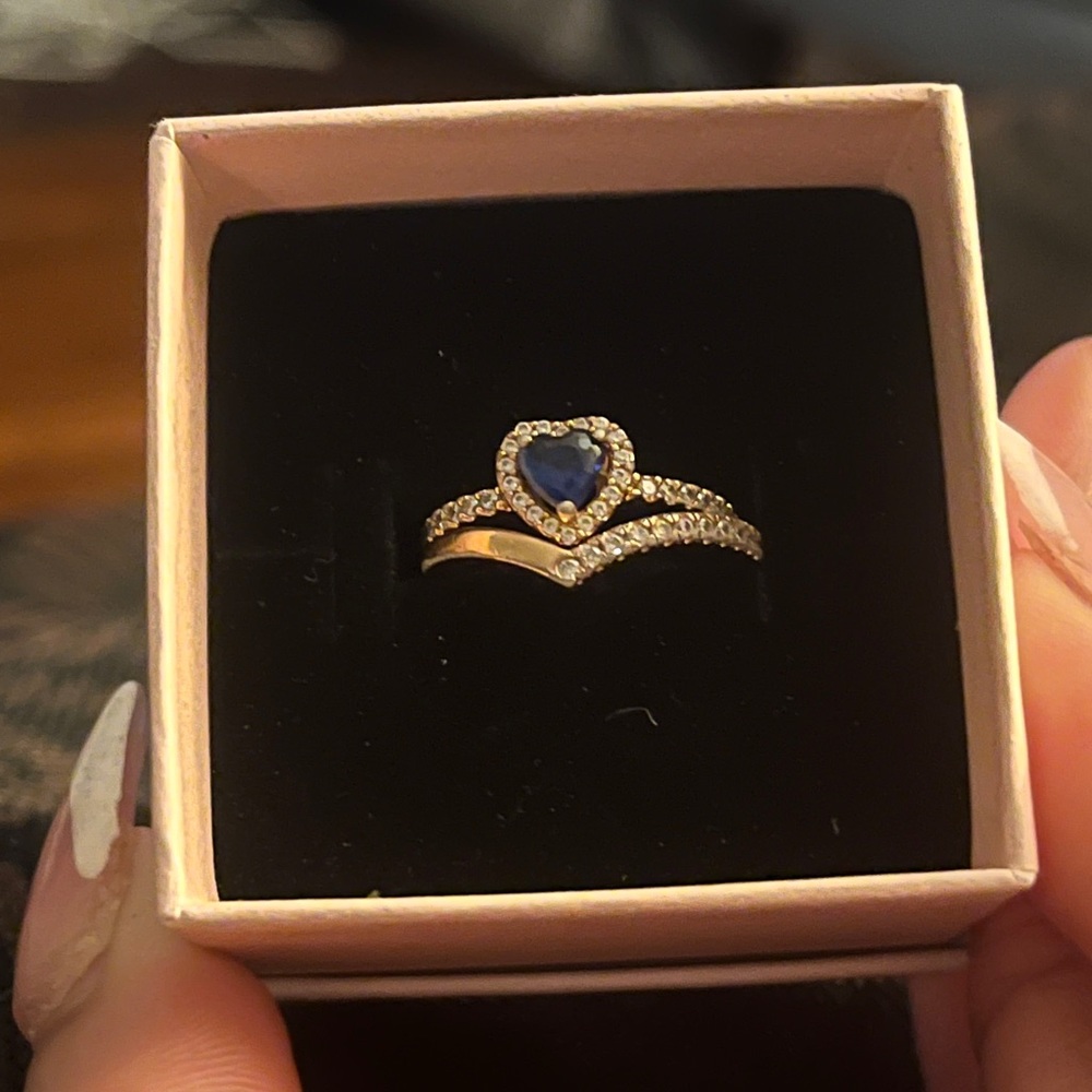 Pandora Rose Gold and Blue Heart Ring Set